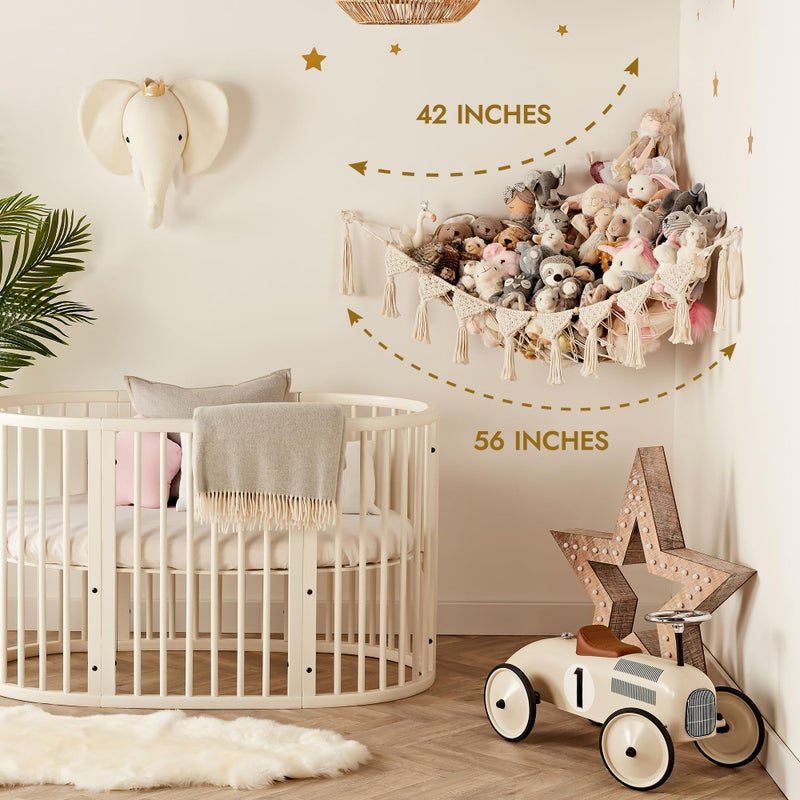 TIDYTEDS Macrame DreamLights Boho Stuffed Animal Storage Net Hammock Extra Large Plush Toy Storage Holder For Small Or Large Plushies Cream - Image 5